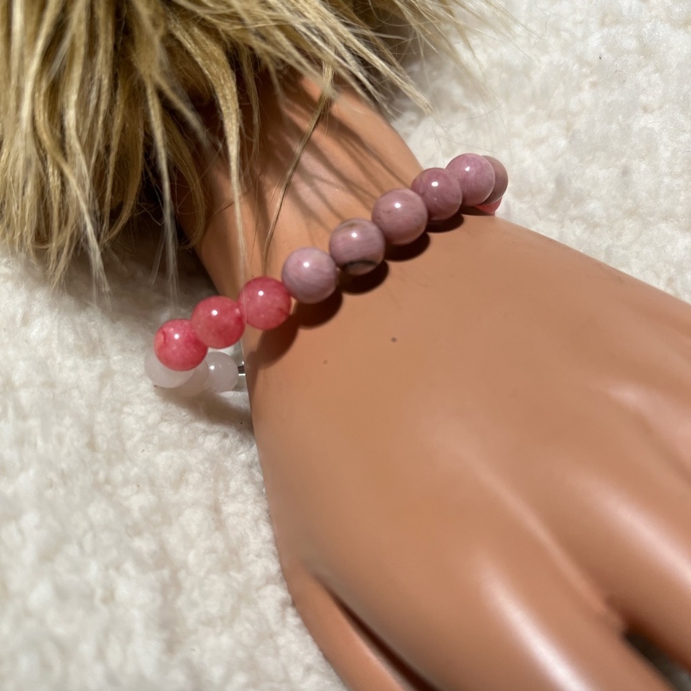 Bracelet 8,5mm  Rose Quartz,  Clear Quartz,  Rhodonite , Rhdochrosite - Picture 2 of 8